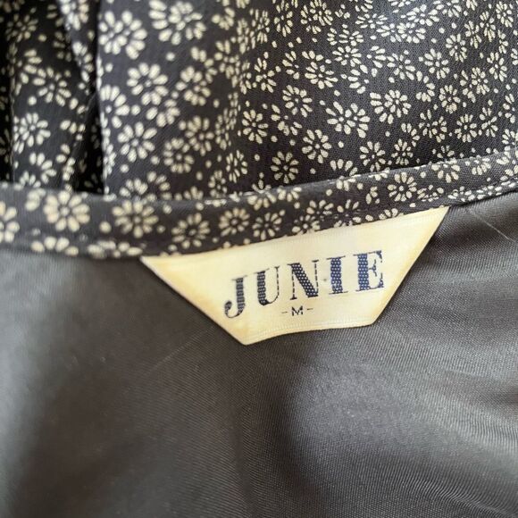 JUNIE black/cream floral dress with tie back, lined, size Small - Picture 6 of 6